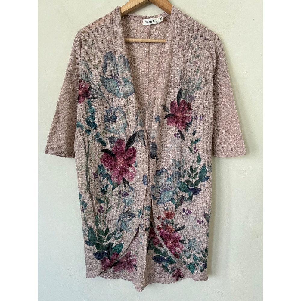 Ginger G Floral Open Front Cardigan Artsy Boho Mauve Pink Knit Small